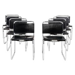 1974 Set of 8 Nicos Zographos CH66 Cantilever Dining Chairs in Black Leather