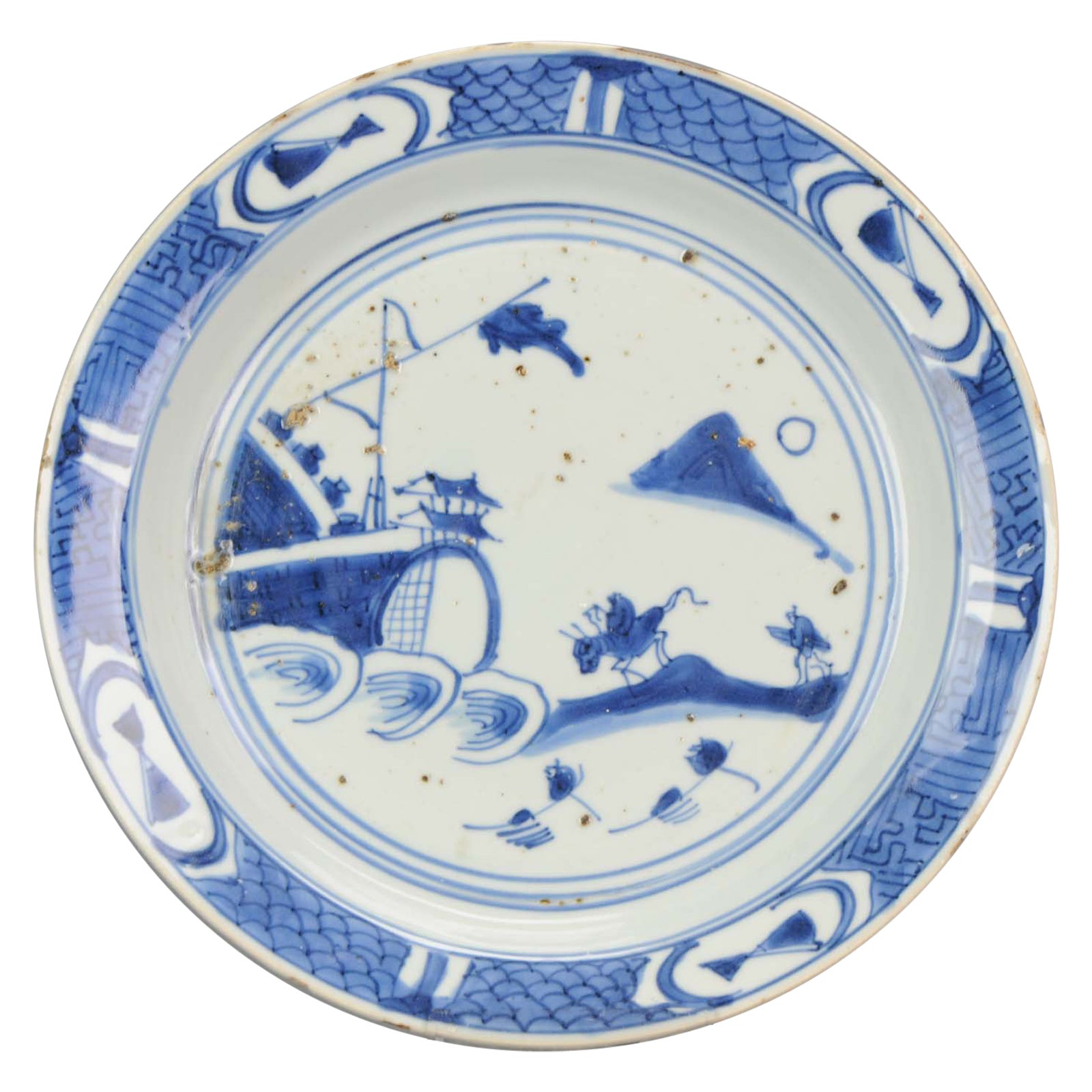 Antique Chinese Porcelain Kosometsuke Literati City Landscape Plate, 17th C For Sale