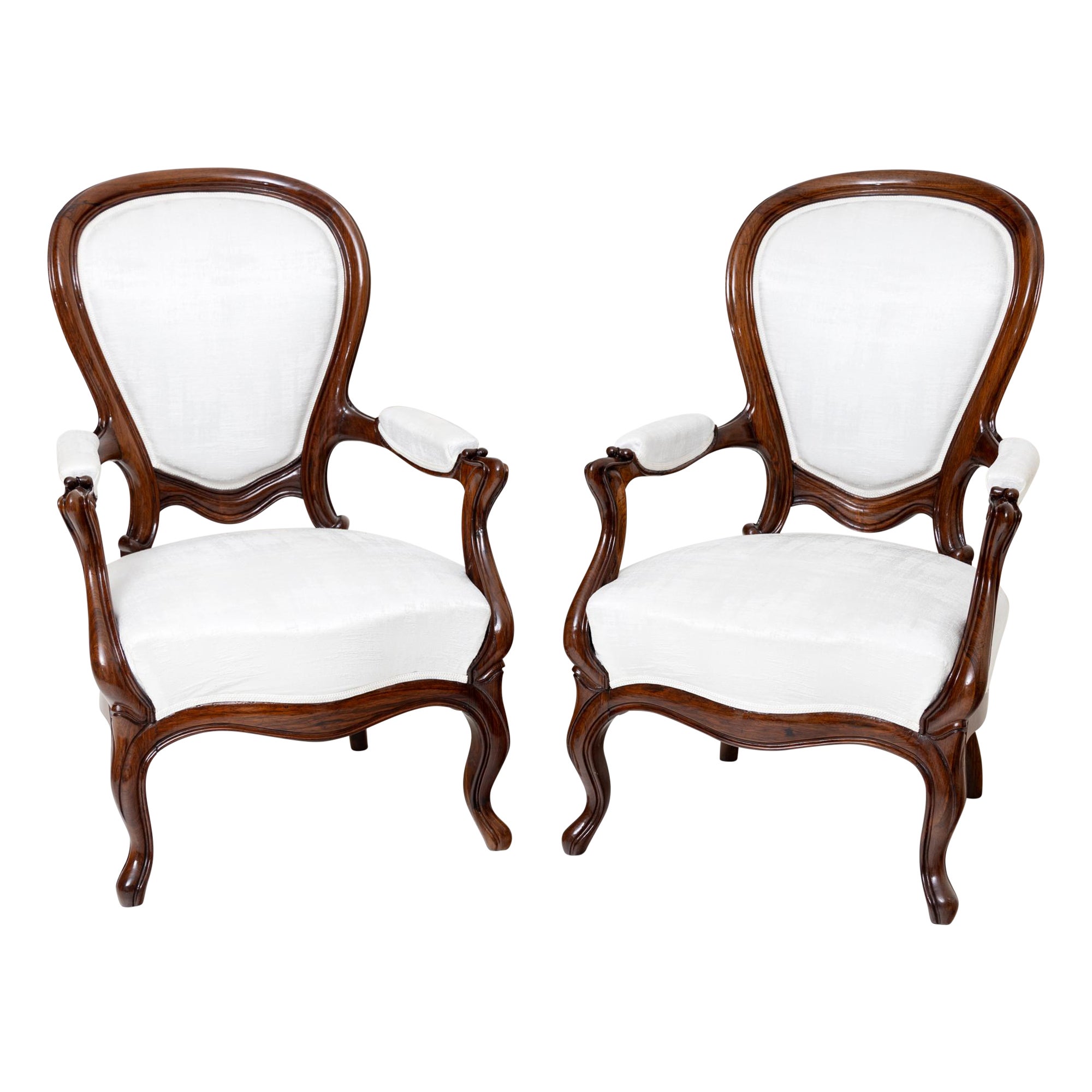 Pair of Louis Philippe Armchairs, White Satin-sheen Fabric, 19th Century For Sale