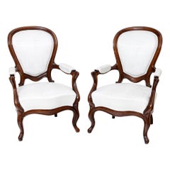 Antique Pair of Louis Philippe Armchairs, White Satin-sheen Fabric, 19th Century