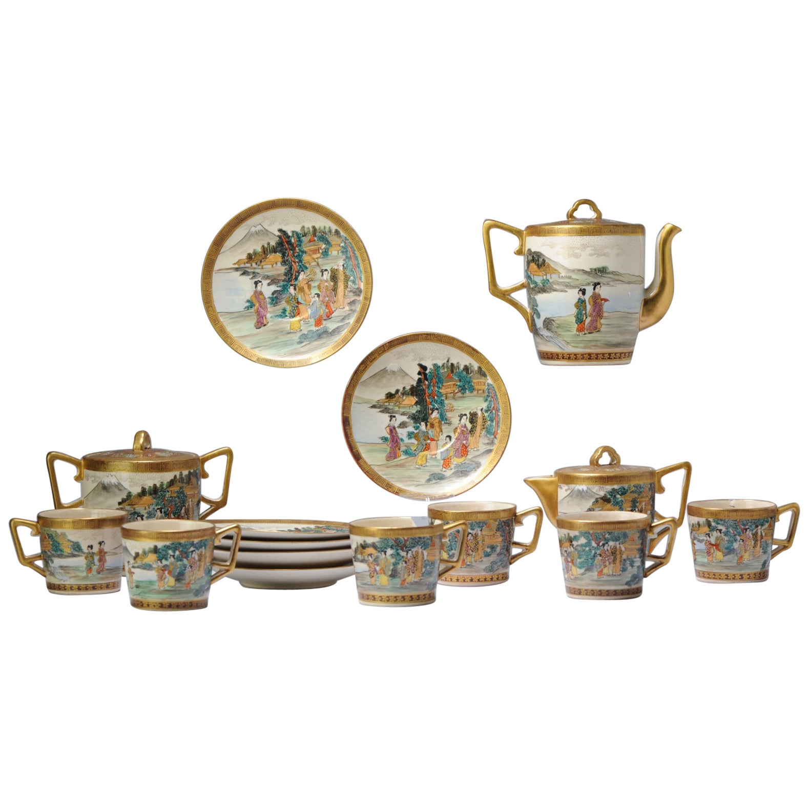 Antique Japanese Satsuma Coffee or Tea Set Richly Decorated Marked Base, 19th C For Sale