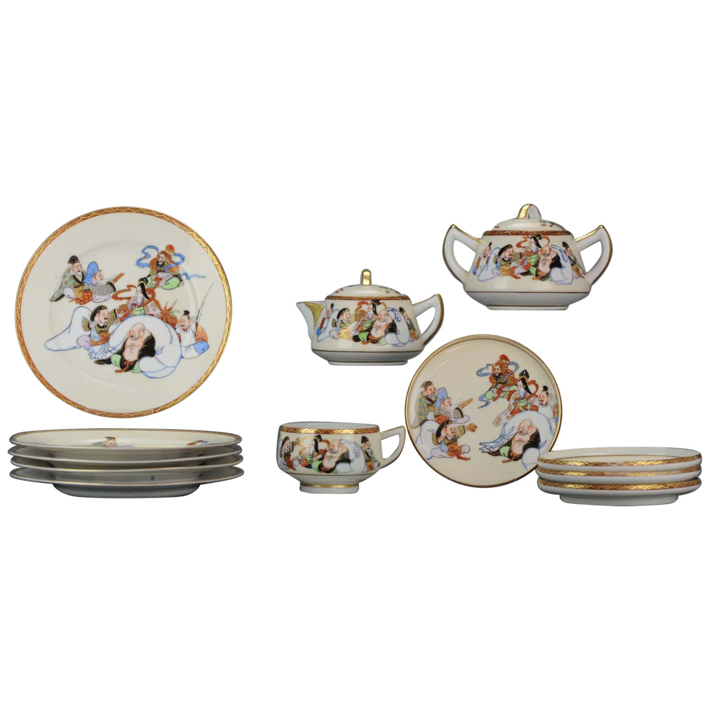 15pcs Antique Japanese Porcelain Tea Set Pot Richly Decorated Marked Base, 19thC For Sale