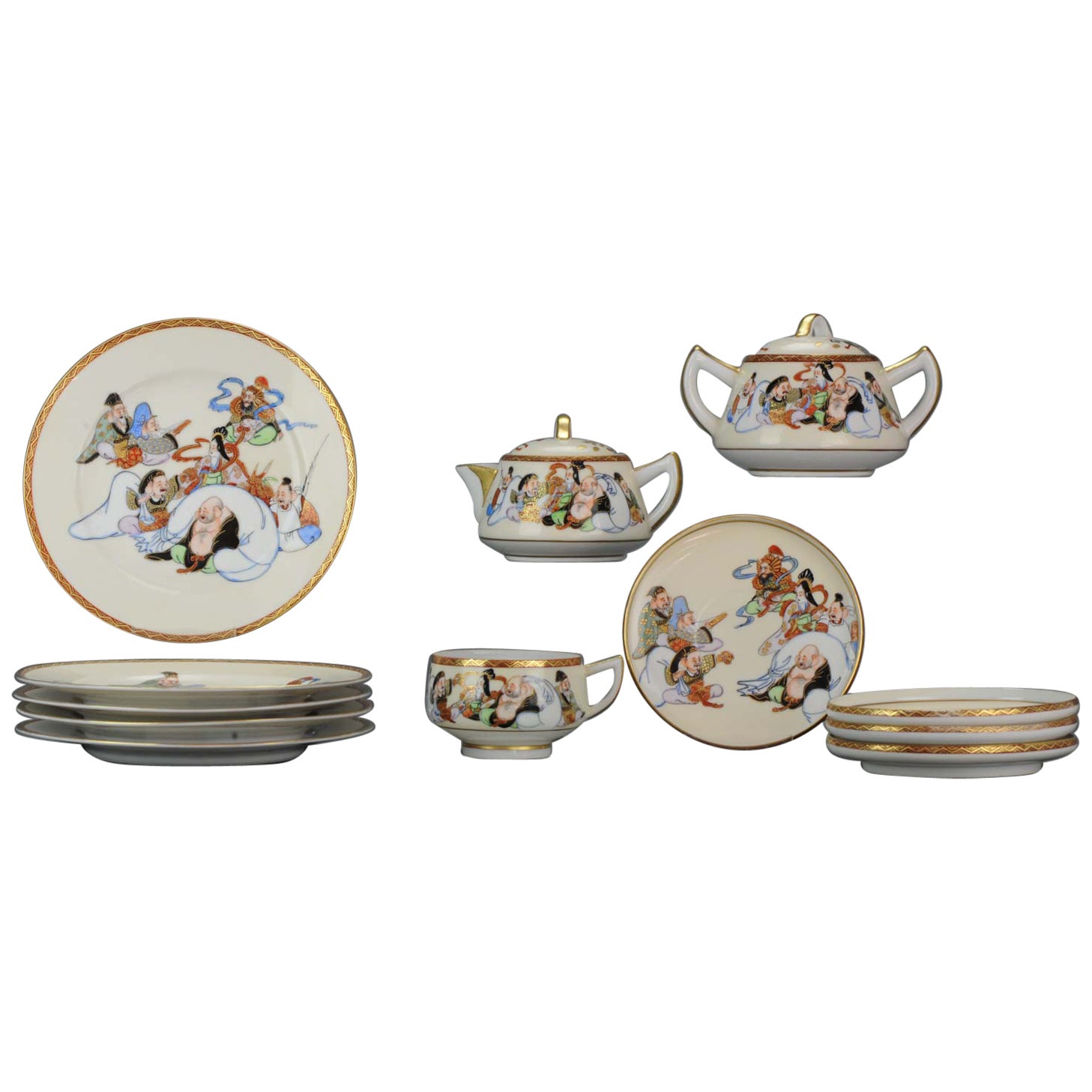 Service à thé japonais ancien de 15 pièces richement décoré avec base marquée, 19e siècle en vente