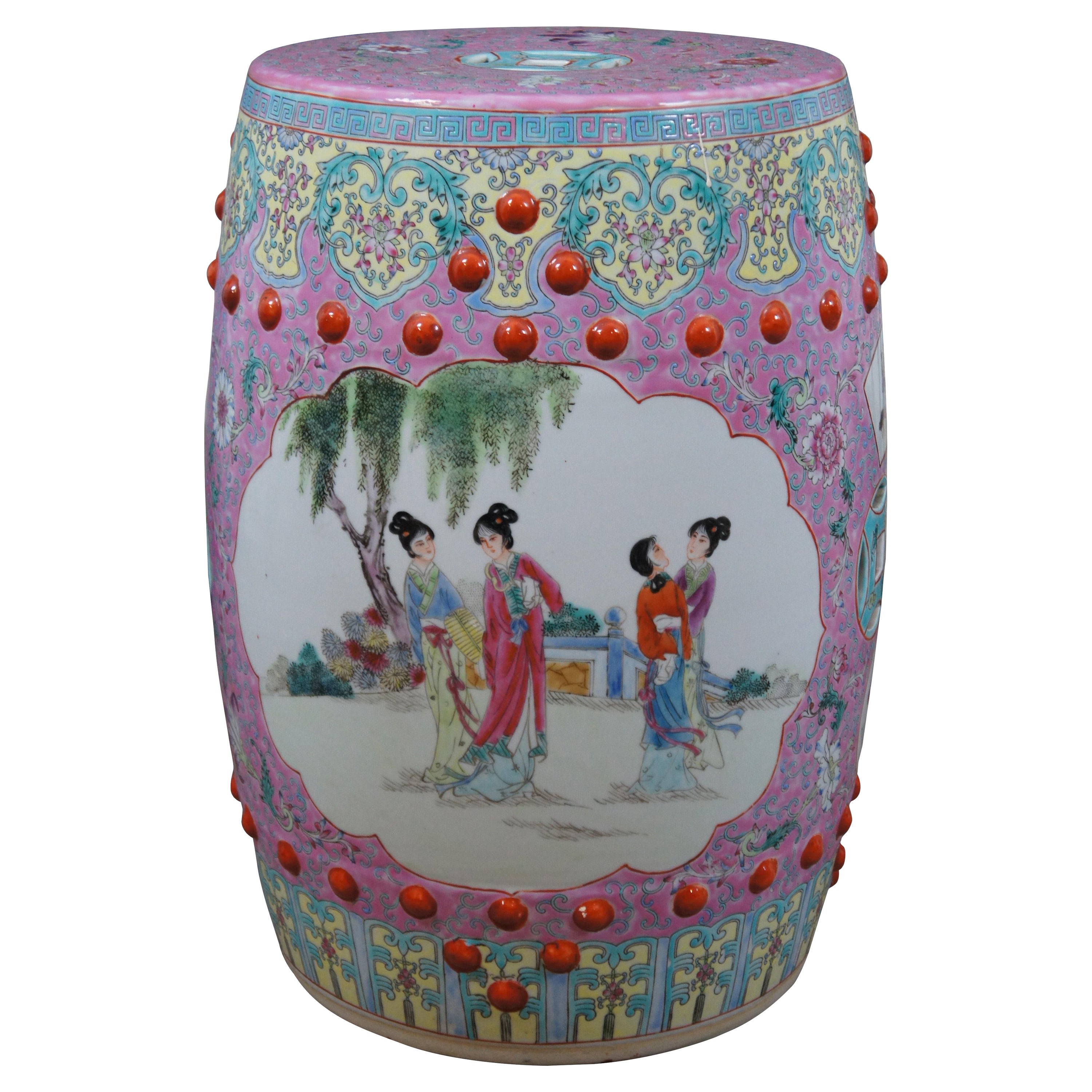 Mid Century Chinese Famille Rose Pink Ceramic Garden Seat Stool Side Table