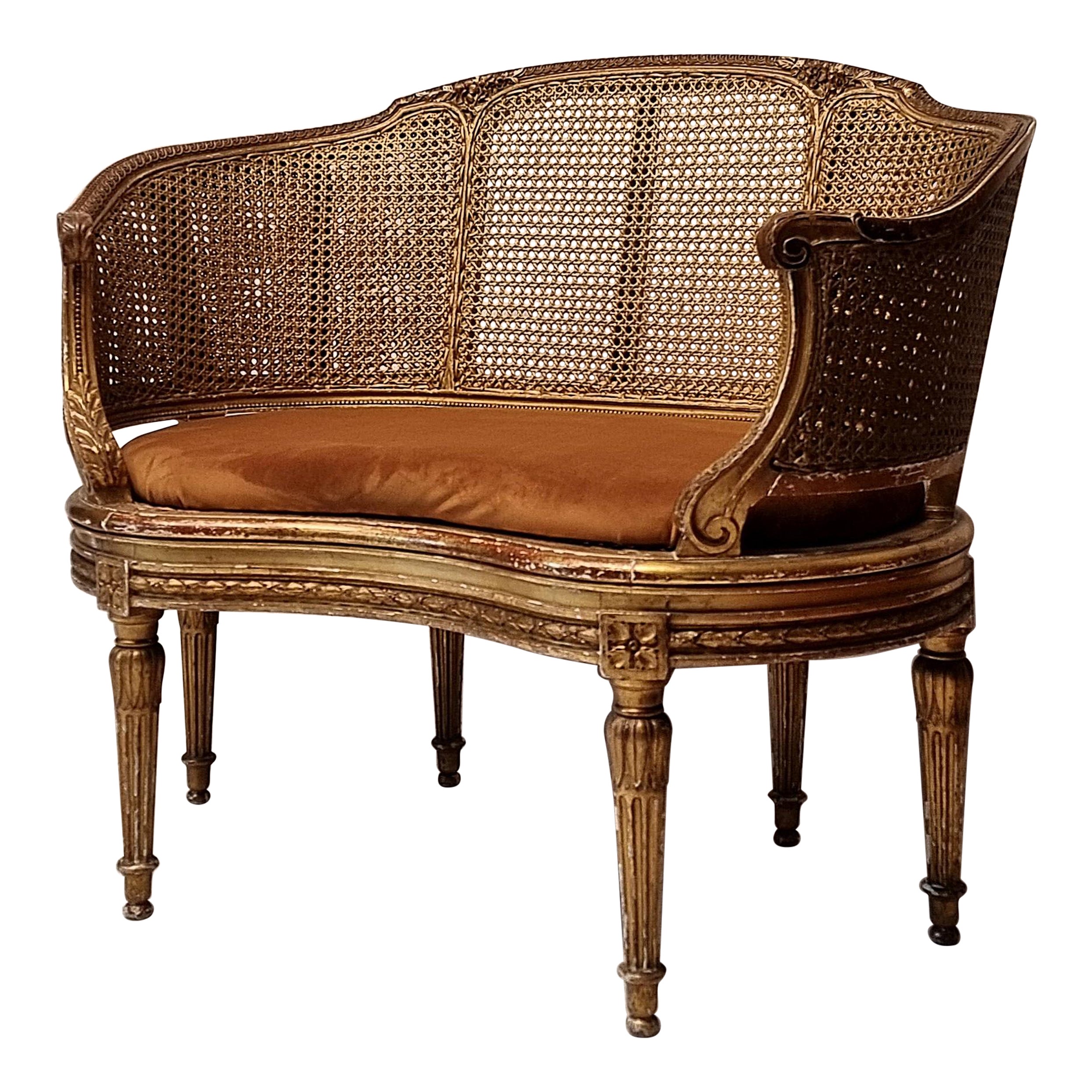 Small Louis XVI Style Sofa - Caning & Golden Wood - 19th