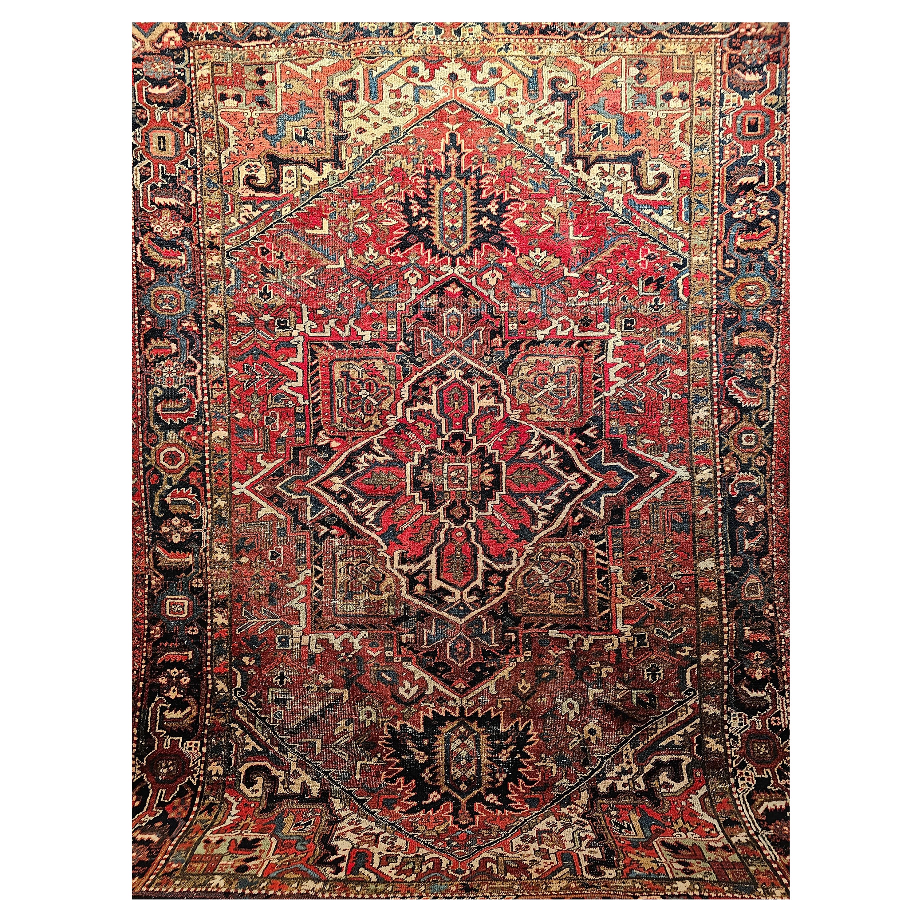 Vintage Room-Size Persian Heriz Rug in Geometric Pattern in Red, Navy, Ivory