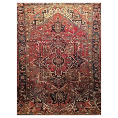 Vintage Room Size Persian Heriz in Rot, Marineblau, Elfenbein, Gelb, Grün, Braun