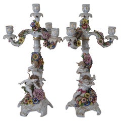 2 Antique German Von Schierholz Dresden Porcelain Candlesticks Candelabras 20"