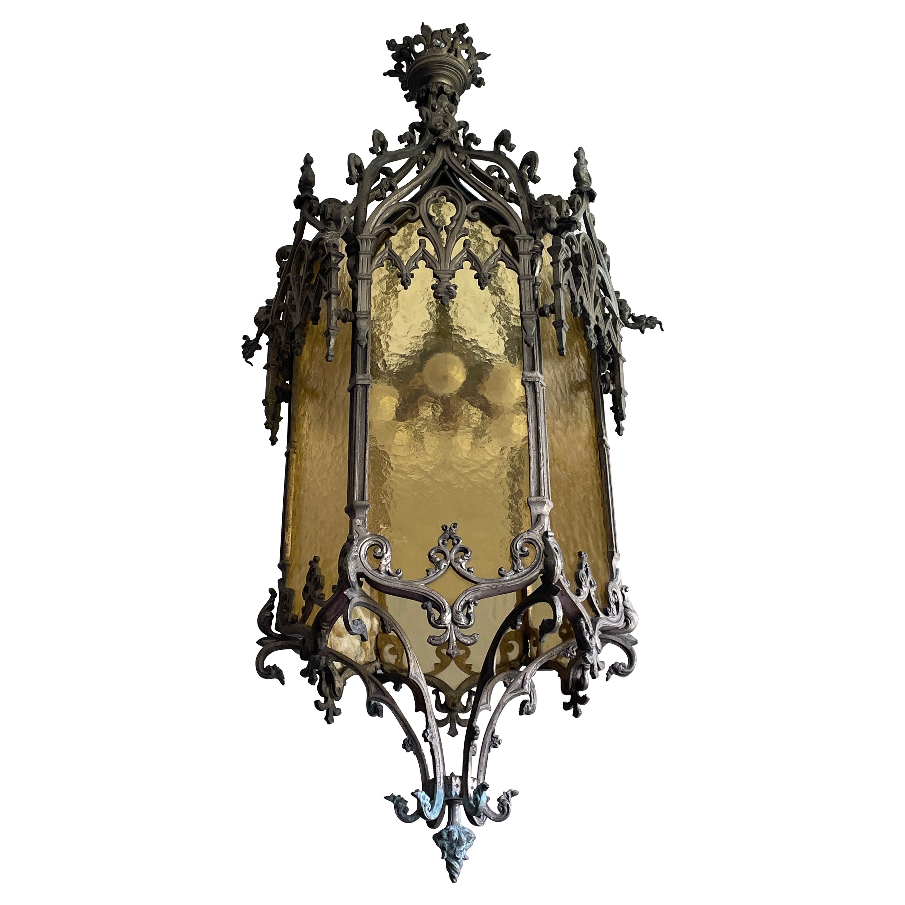 Antique Extra Large Gothic Revival Bronze & Glass, Church Lantern Pendant Light