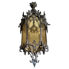 Antique Extra Large Gothic Revival Bronze & Glass, Church Lantern Pendant Light