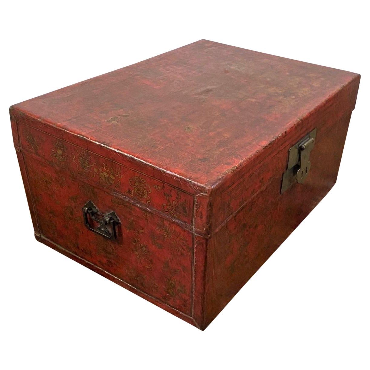 19th Century Chinese Red Leather Decorated Trunk For Sale