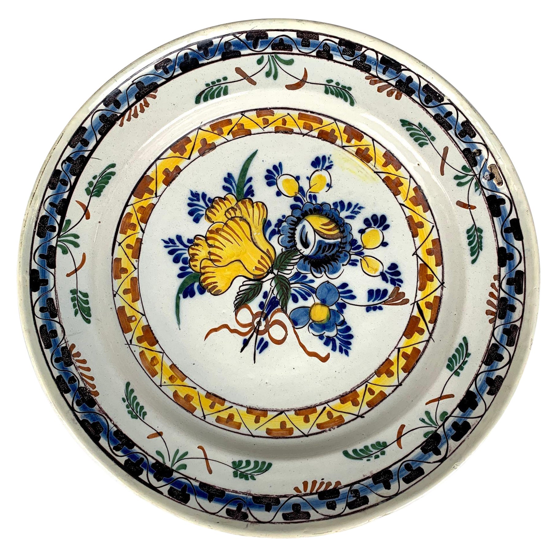 Delft Charger Hand Painted Polychrome Colors 18th Century Netherlands C-1780 For Sale
