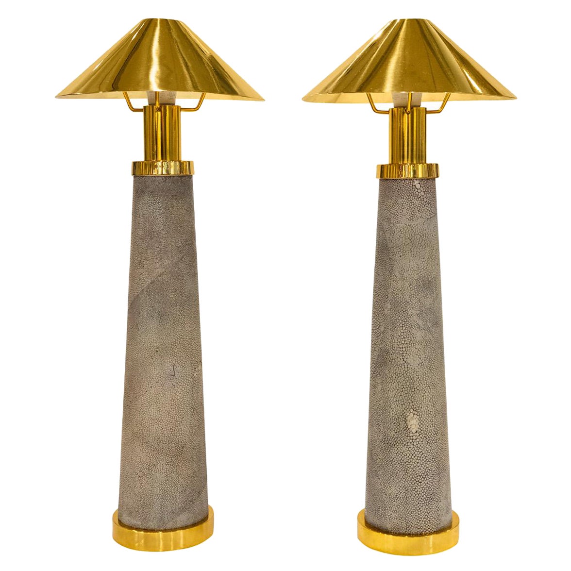 Karl Springer Rare Pair of "Lighthouse Lamps" in Shagreen and Brass 1980s For Sale