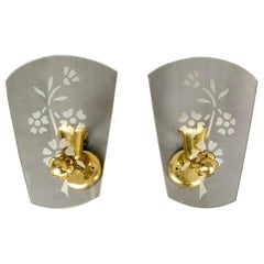 Vintage 1950s Pietro Chiesa style wall lamps. Brass and decorated lampshades. A pair.