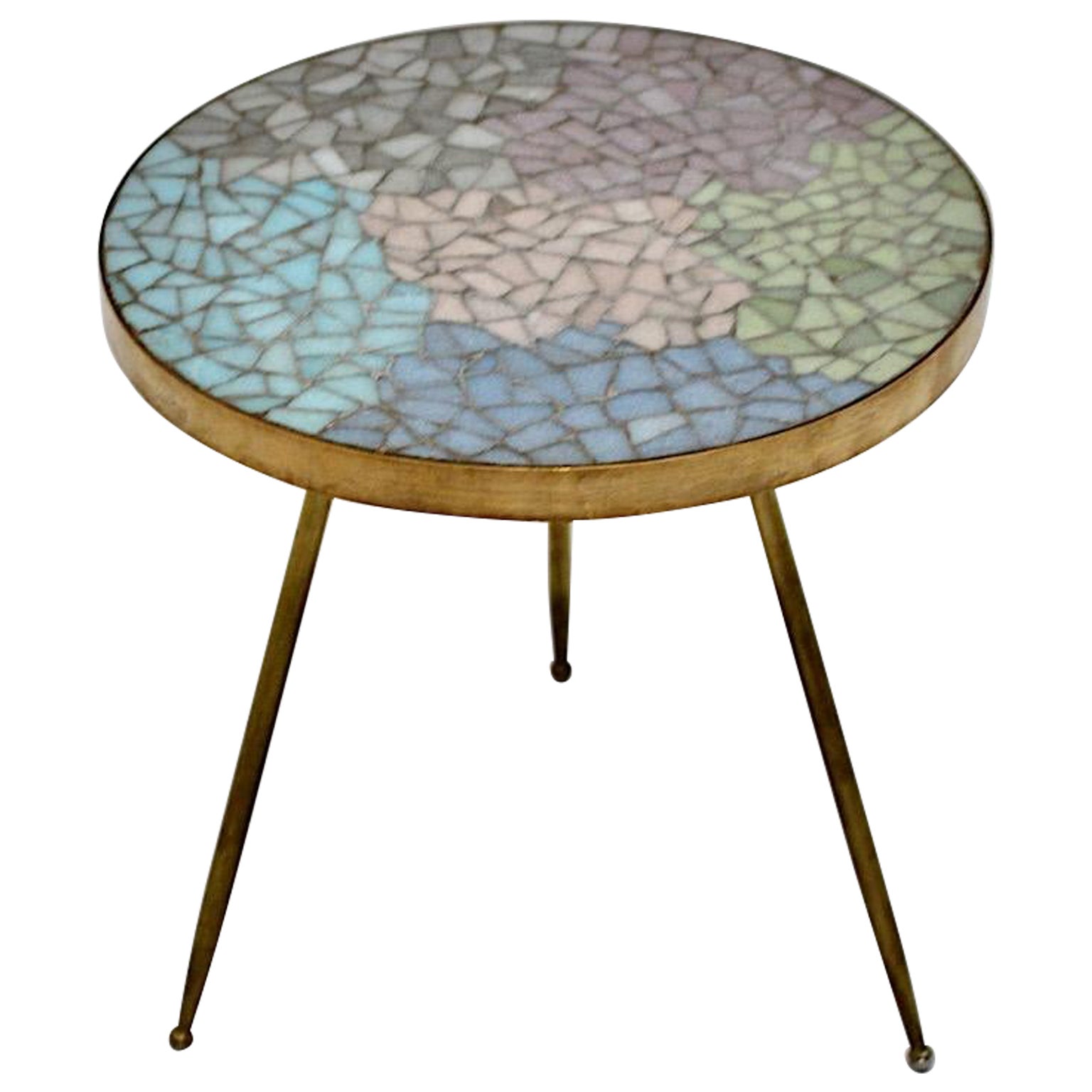 Mid Century Modern Vintage Brass Pastel Mosaic Side Table Flower Table 1950s  For Sale