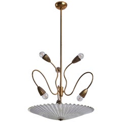 Vintage Italian Designer, Chandelier, Brass, Murano Glass, Italy, 1930s