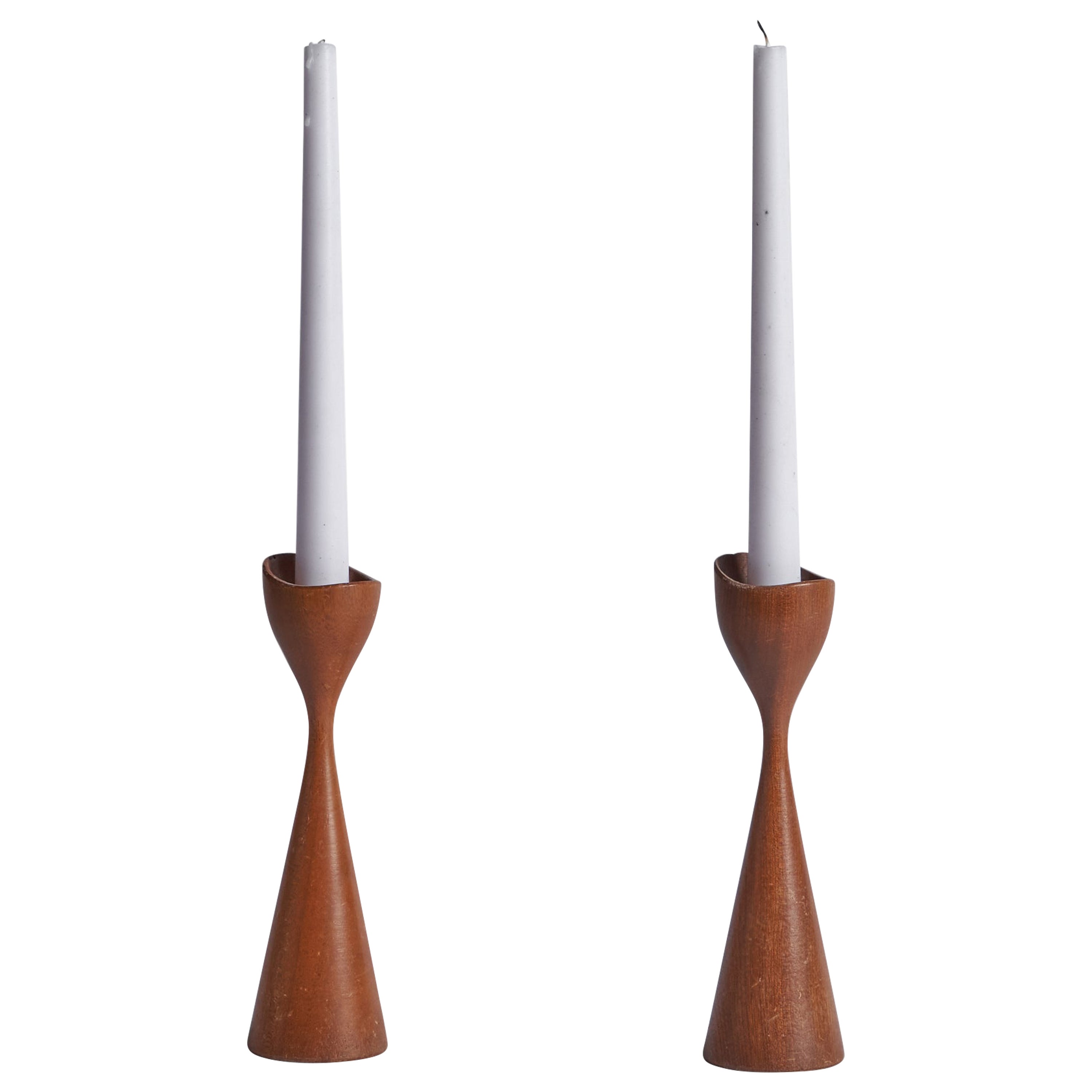 Swedish Designer, Candlesticks, Teak, Sweden, 1950s For Sale