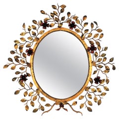 Foliage Floral Oval Mirror in Gilt Iron