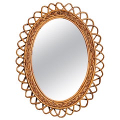 Vintage Italian Designer, Wall Mirror, Rattan, Italy, 1950s