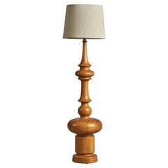 Lampadaire de designer danois, Oak, laiton, tissu, Danemark, années 1950