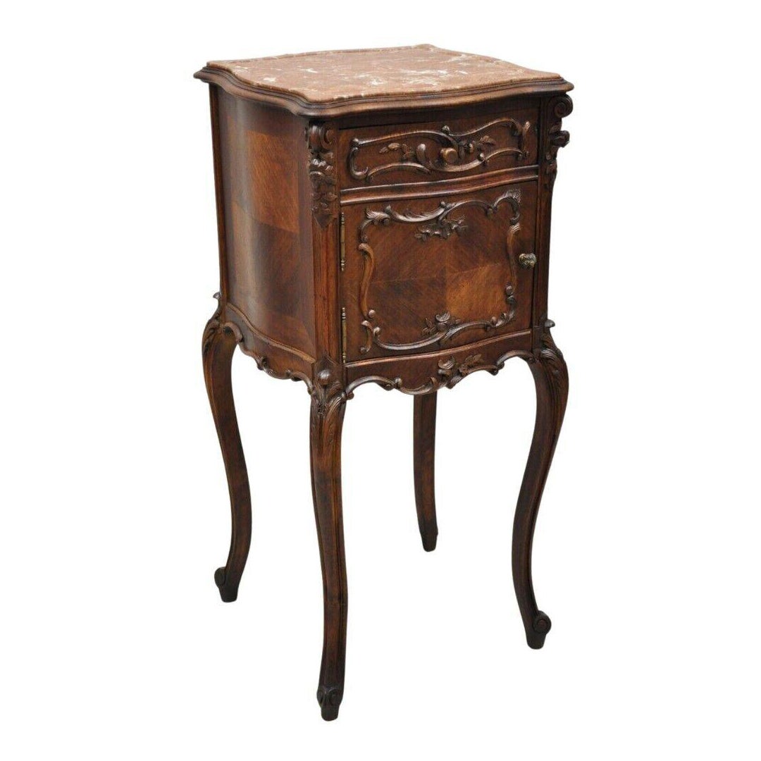 French Louis XV Style Carved Walnut Marble Top Porcelain Lined Nightstand For Sale