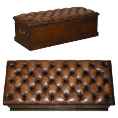 FULLY RESTORED ANTiQUE CIRCA 1890 CHESTERFIELD BROWN LEATHER LINEN STORAGE TRUNK