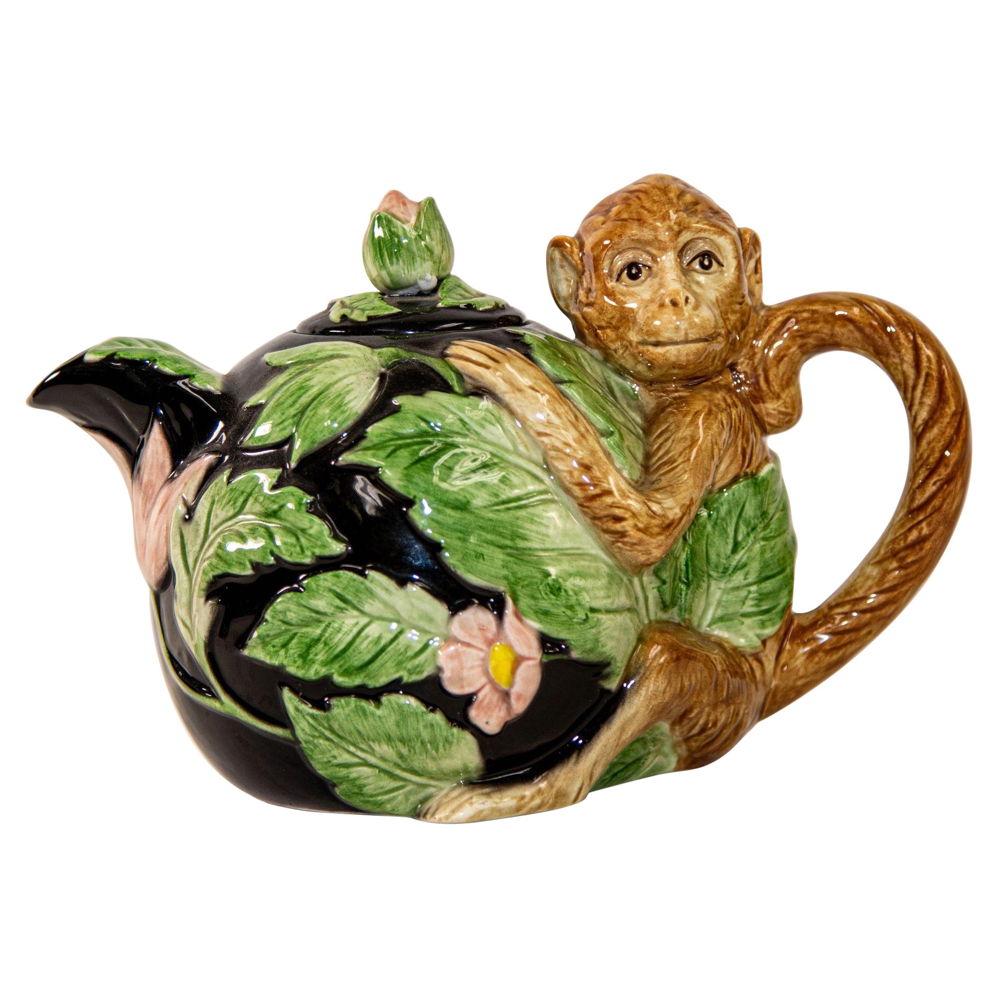 1980s Vintage Fitz and Floyd Rain Forest Majolica Monkey Ceramic Teapot For Sale