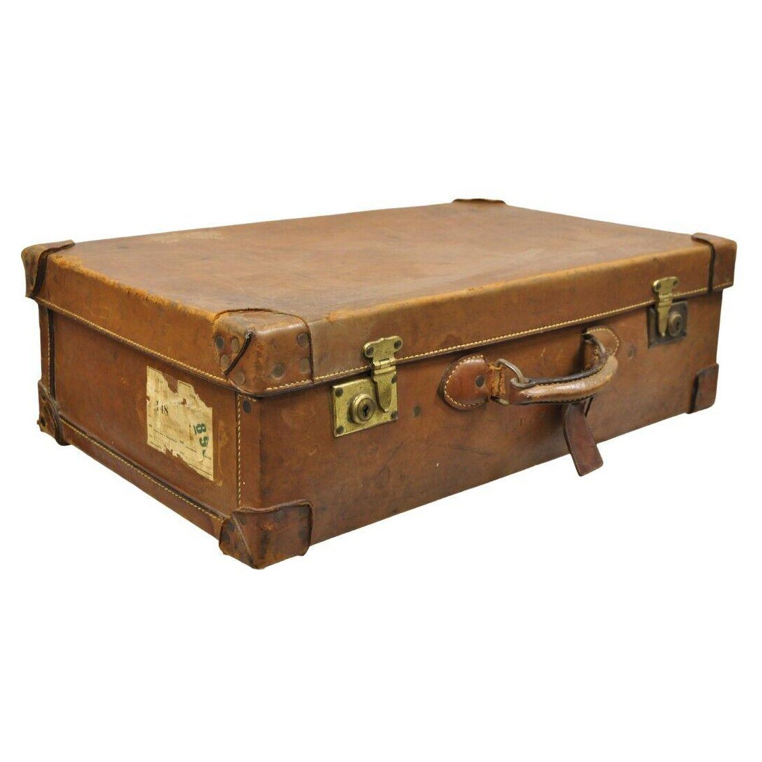 Antique Vintage English Brown Leather 28” Suitcase Trunk Hard Luggage