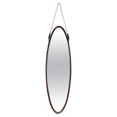 Retro Italian Mid-Century Bent Teak Long Oval Mirror with Rope Strap