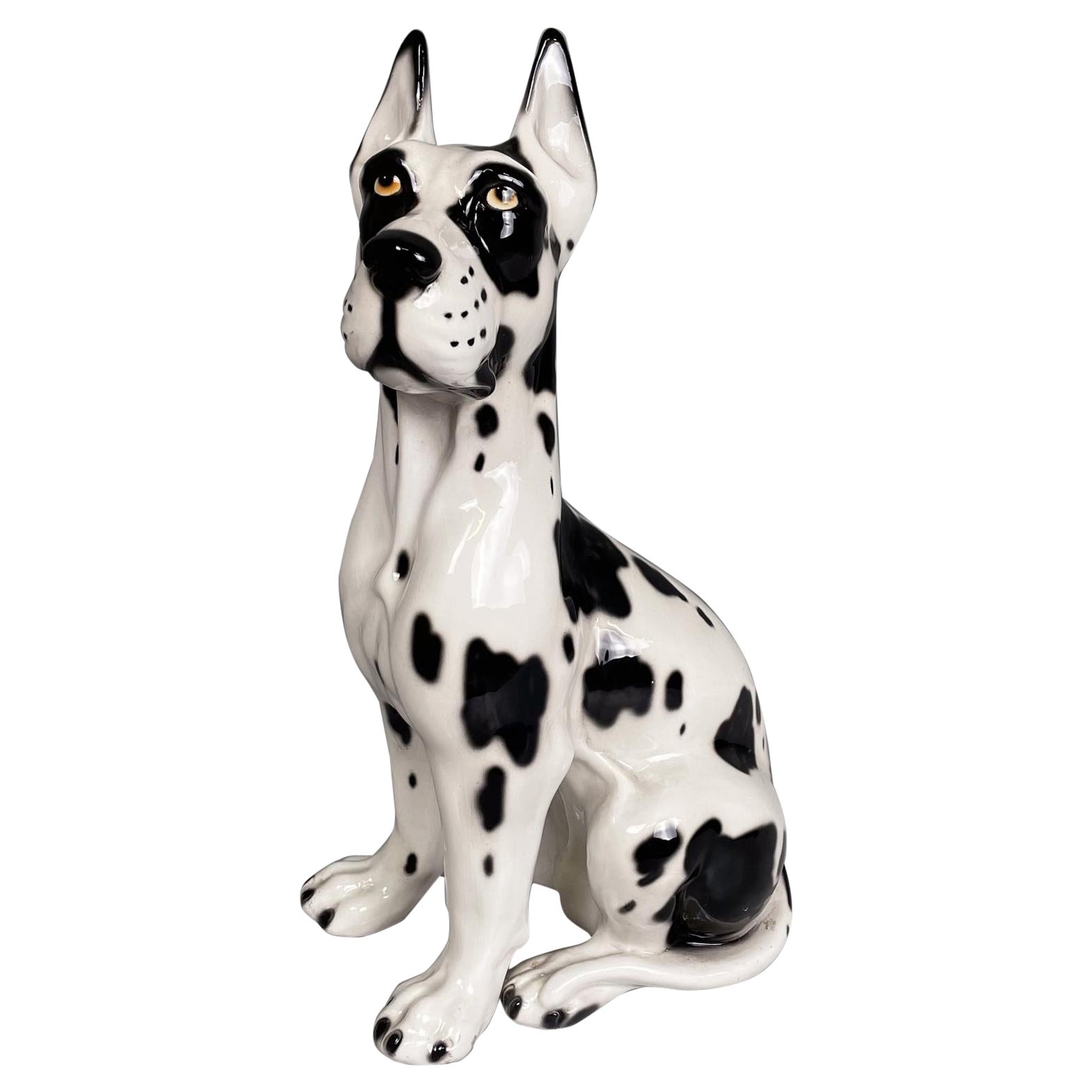 Italian modern Black white ceramic sculpture of Harlequin Great Dane dog, 1980s For Sale