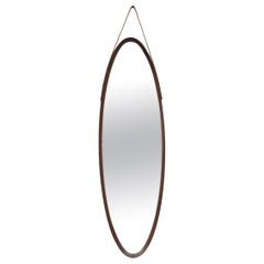 Retro Italian Jacques Adnet Style Mid-Century Teak Oval Mirror with Leather Strap