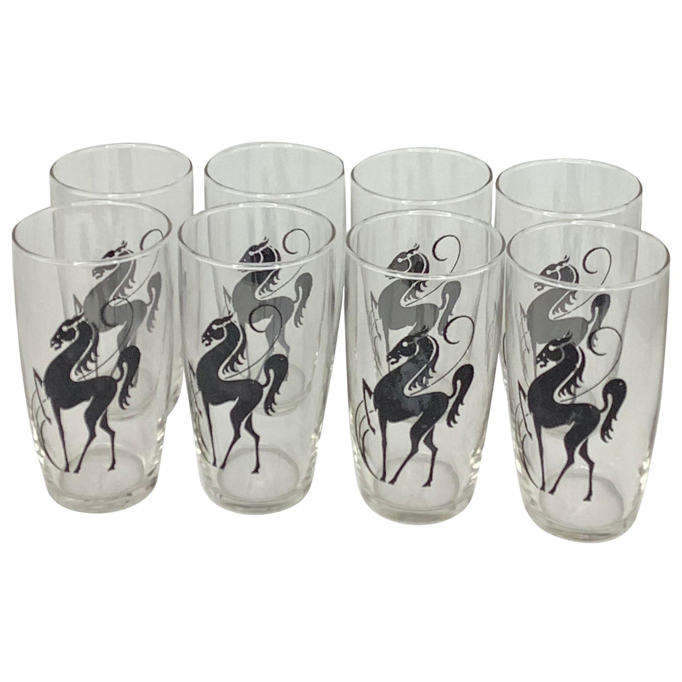 Set of 8 Vintage Prancing Horses Highball Glasses For Sale