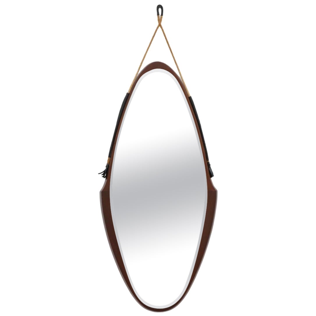 Mid-Century Jacques Adnet Inspired Teak Mirror with Rope Strap For Sale