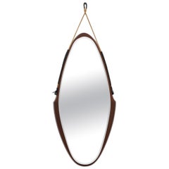 Vintage Mid-Century Jacques Adnet Inspired Teak Mirror with Rope Strap