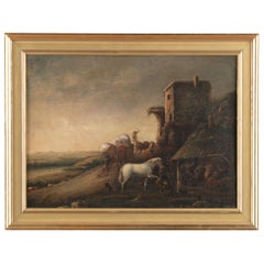 Peinture originale à l'huile sur carton représentant un village italien, Italie vers 1800-20