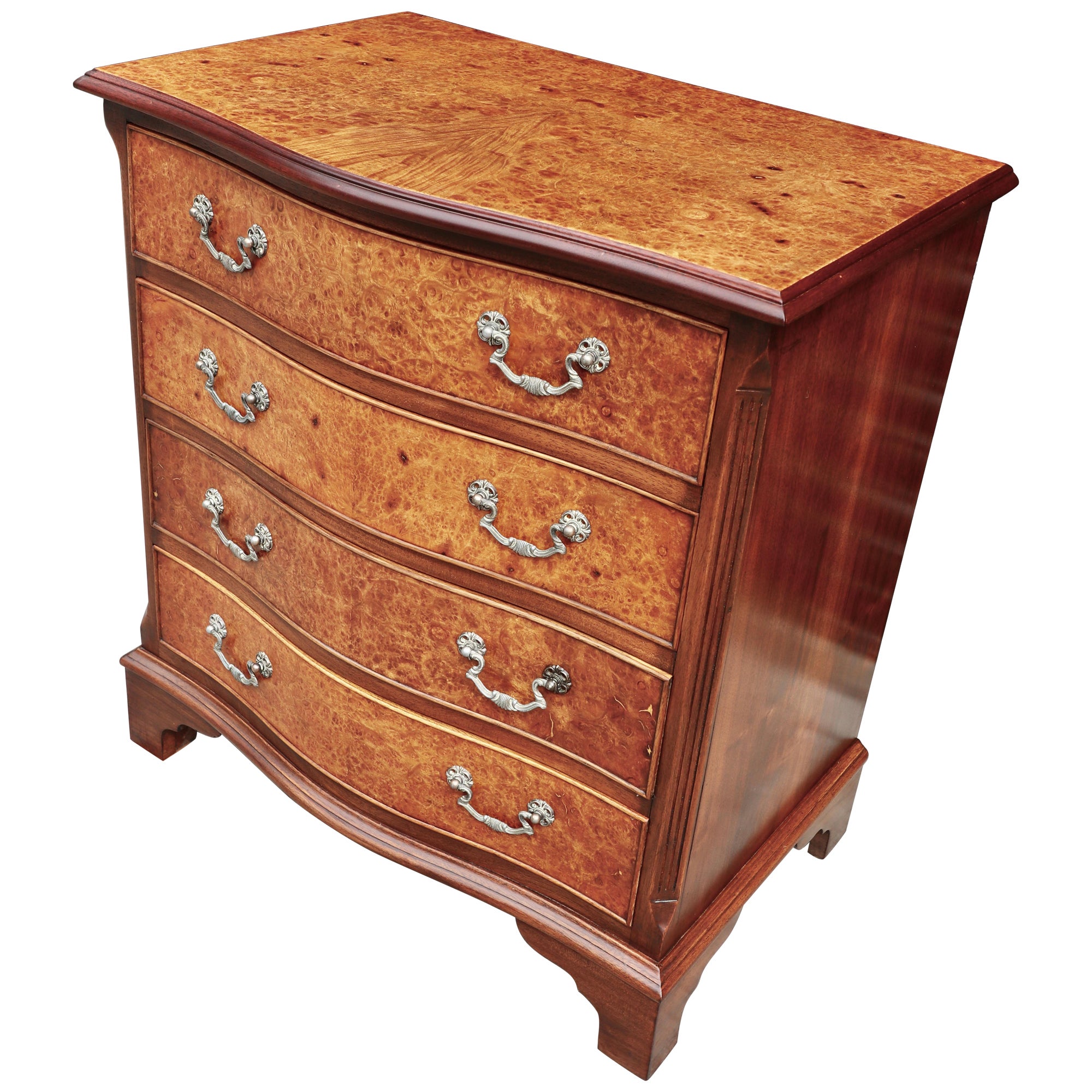 Antique 1920s Mahogany & burr Walnut Serpentine Chest Of four Drawers For Sale