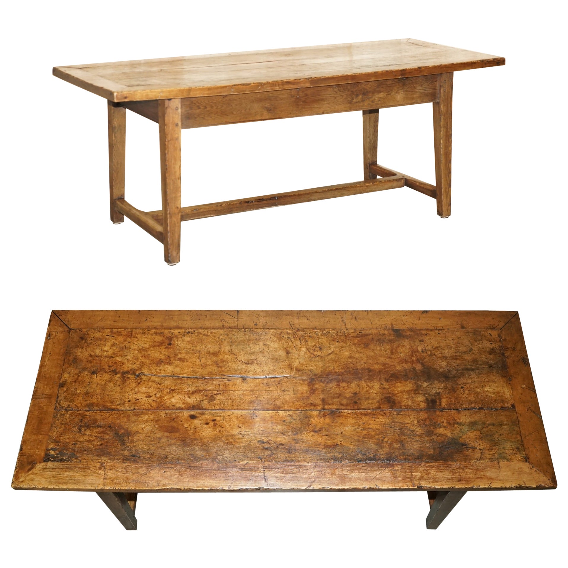 EXQUISITE TWO PLANK TOP ANTiQUE FRENCH BURR FRUITWOOD REFECTORY DINING TABLE For Sale