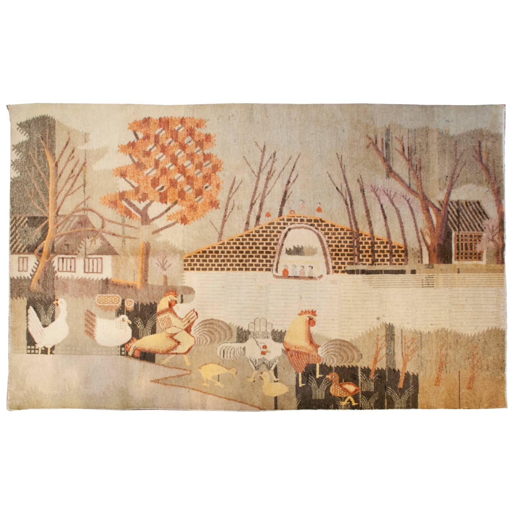 Tapis pictural Khotan du milieu du XXe siècle
