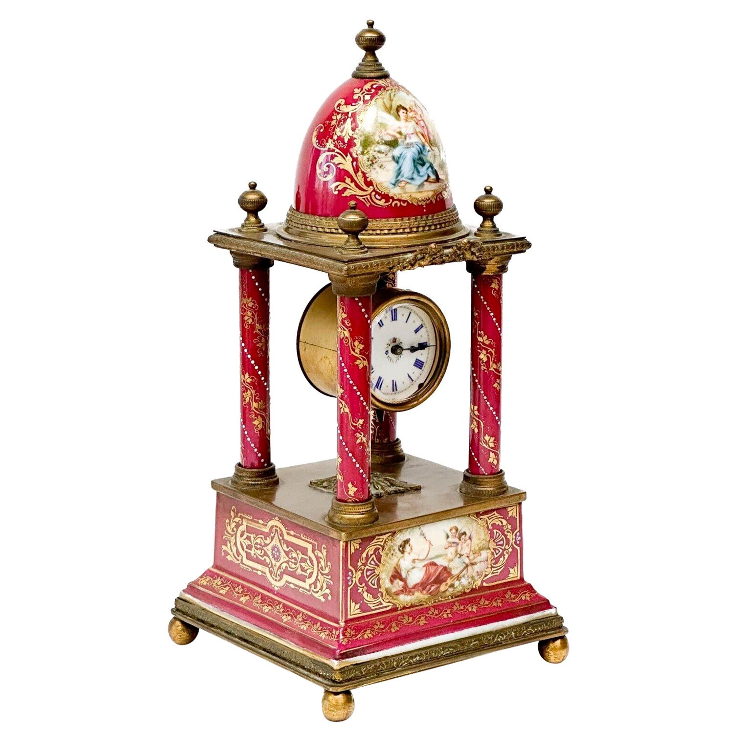 Royal Vienna Austria Hand Painted Porcelain Gilt Bronze Mounted Mantle Clock Red For Sale