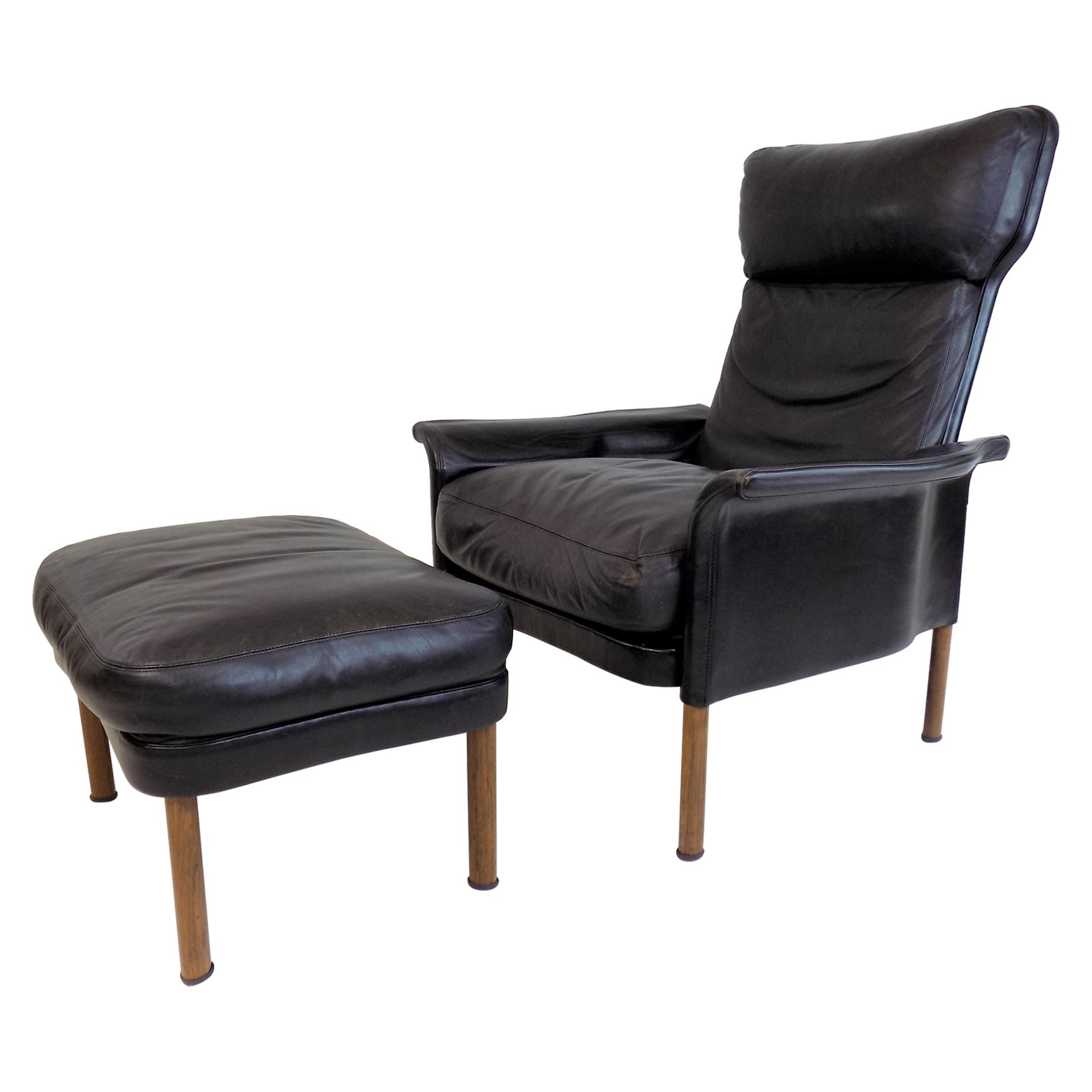 Hans Olsen leather chair with ottoman, 1960 For Sale