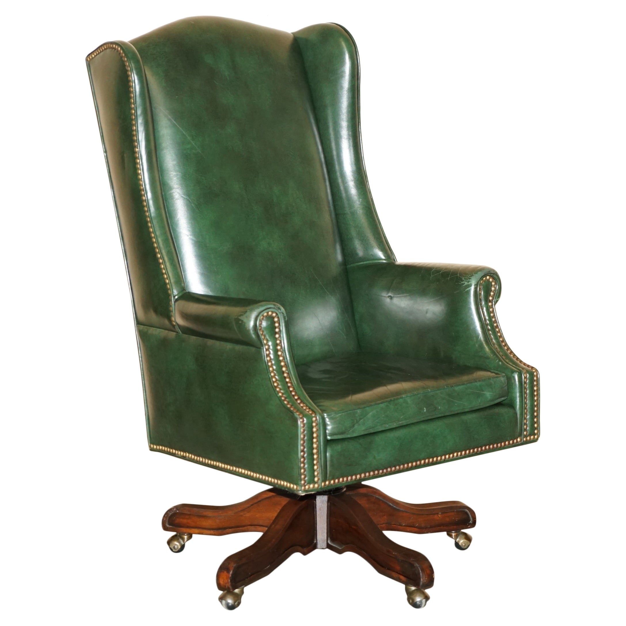 ViNTAGE HERITAGE GREEN LEATHER CAPTAINS WINGBACK OFFICE SWIVEL DIRECTORS CHAIR For Sale