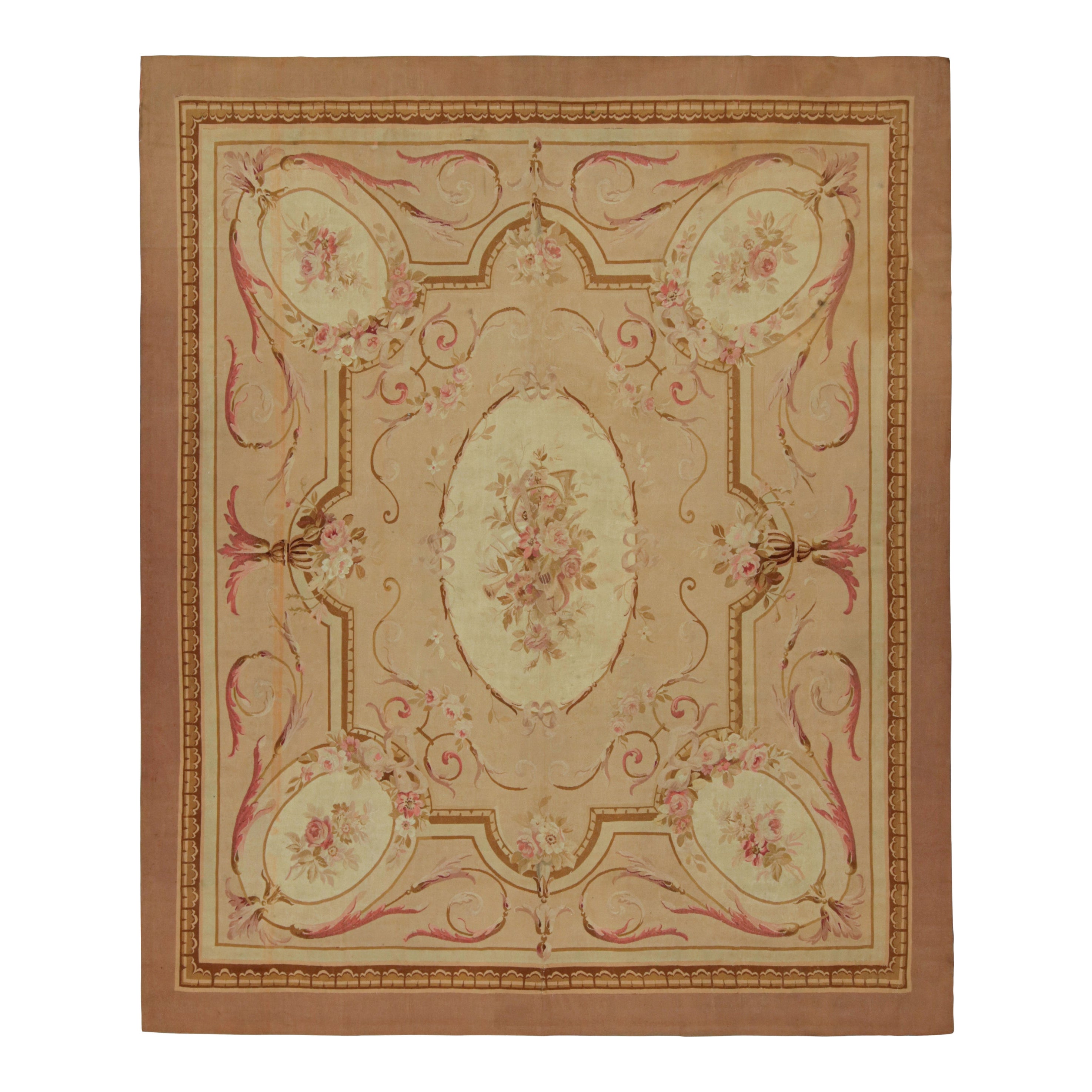 Antique Aubusson Flatweave Floral Rug in Beige and Pink