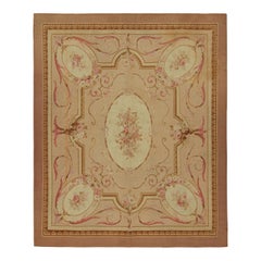 Alfombra Aubusson Antigua de Tejido Plano Floral en Beige y Rosa
