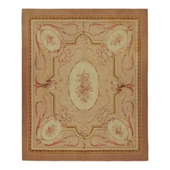 Antique Aubusson Flatweave Floral Rug in Beige and Pink