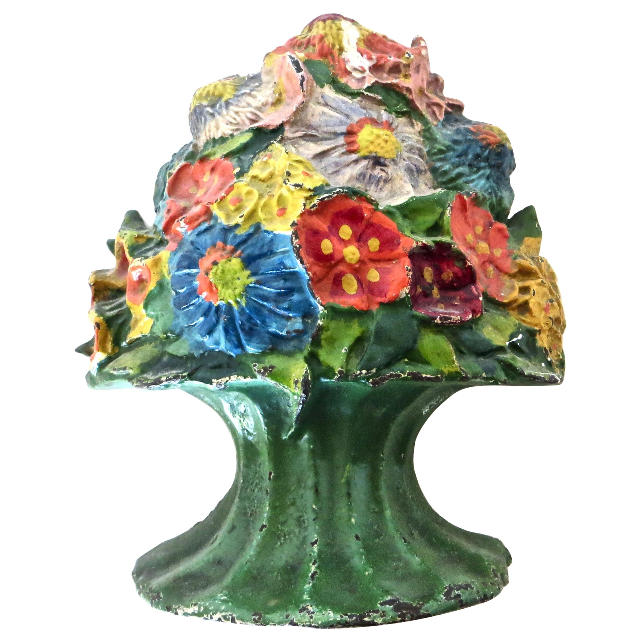 Tope de puerta de hierro fundido "Arreglo floral en jarrón verde" Americano, Circa 1930 ESCASO en venta