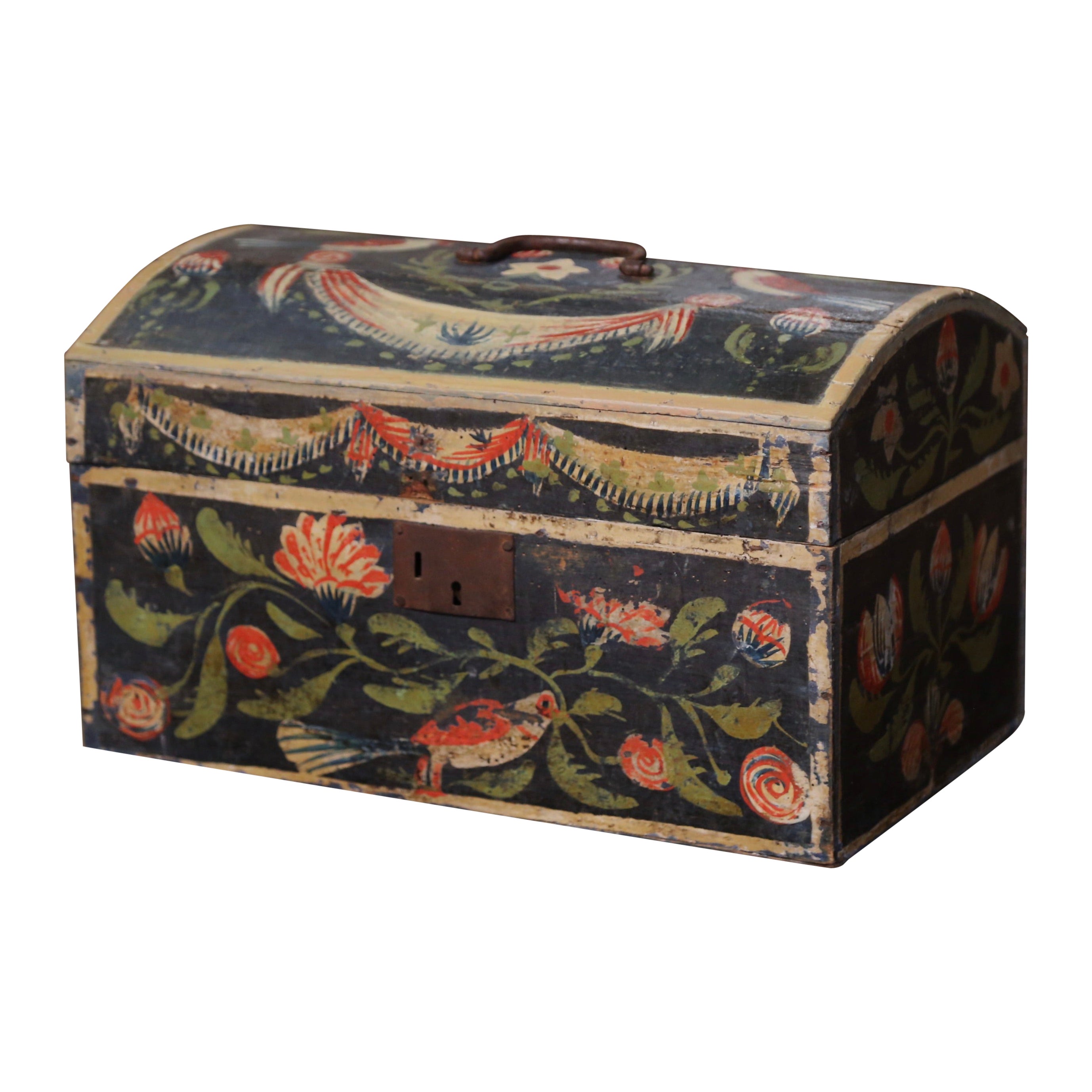 18th Century French Normand Painted Wedding Box with Bird and Floral Motifs