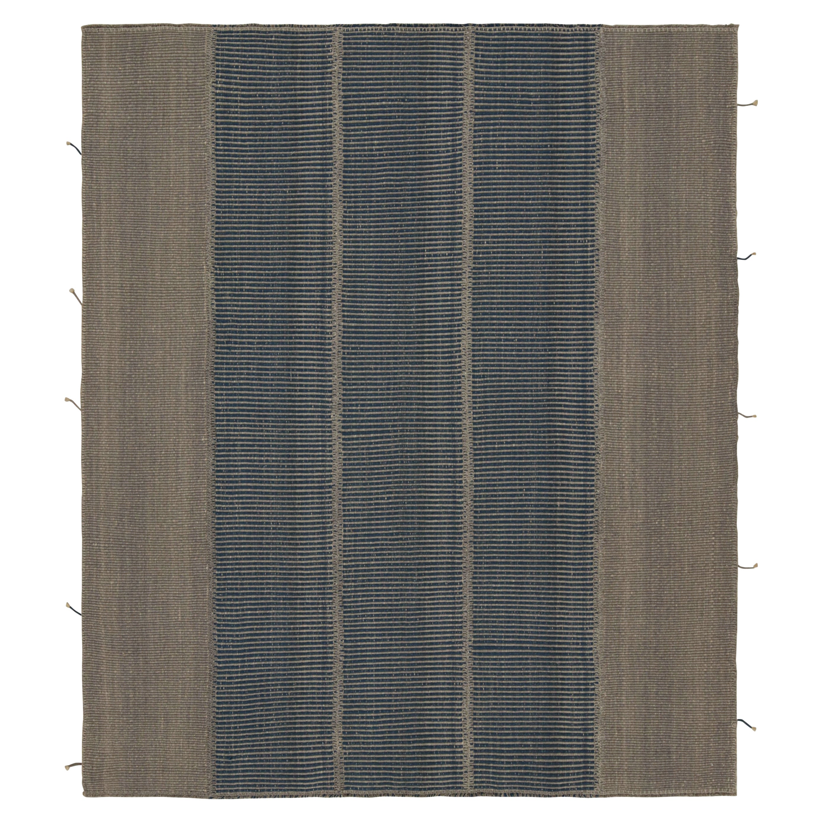 Rug & Kilim’s Contemporary Kilim in Gray and Blue Textural Stripes  For Sale