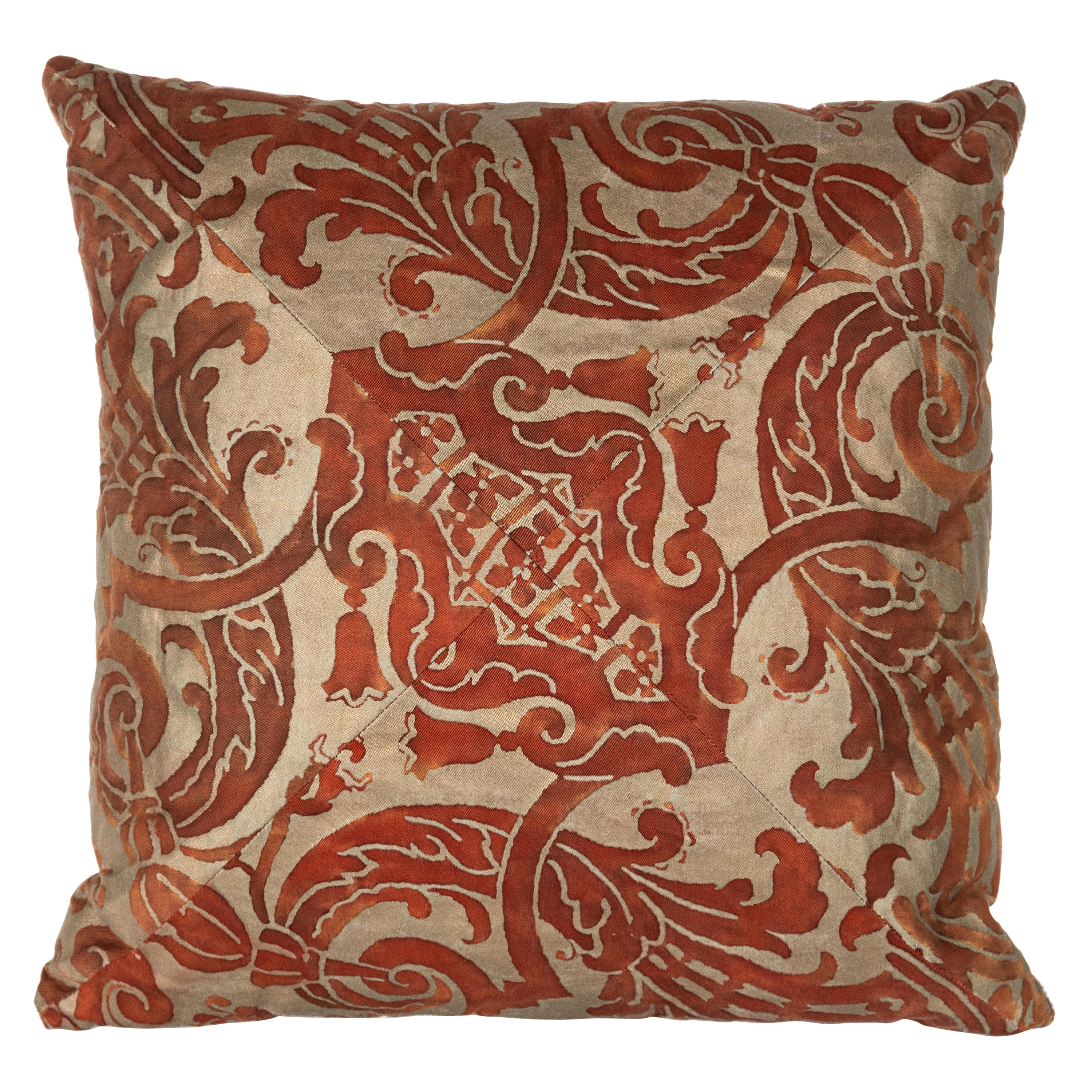 A Mitered Fortuny Fabric Cushion in the Carnavalet Pattern For Sale