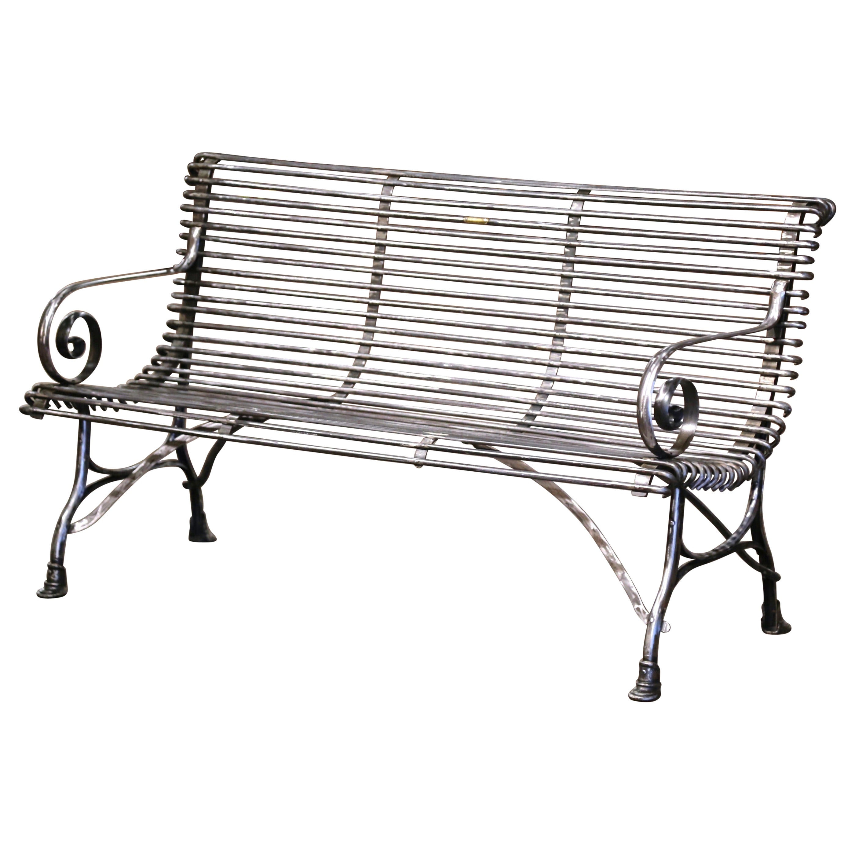 French Polished Iron Three-Seat Bench with Scrolled Arms Signed Sauveur Arras For Sale