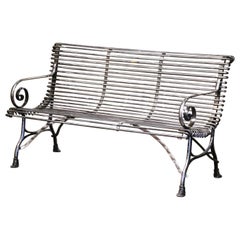 Retro French Polished Iron Three-Seat Bench with Scrolled Arms Signed Sauveur Arras